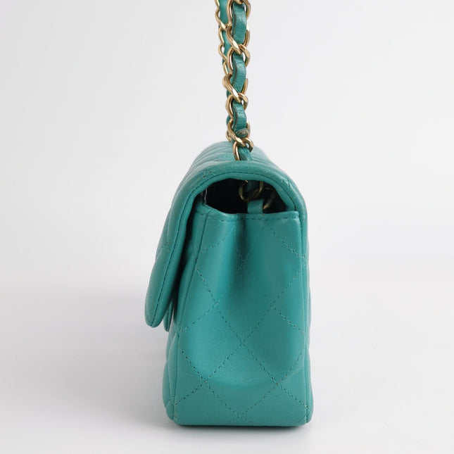 Chanel Classic Flap Mini Turquoise Blue Lambskin Leather Gold Hardware