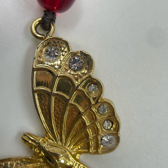 Ferragamo Vintage Rare Red Ruby Beads Necklace Gold Plated Butterfly Signed
