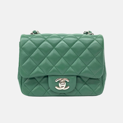 Chanel Classic Flap Mini Square Dark Green Lambskin Crossbody Bag Full Set, 2019-Luxbags