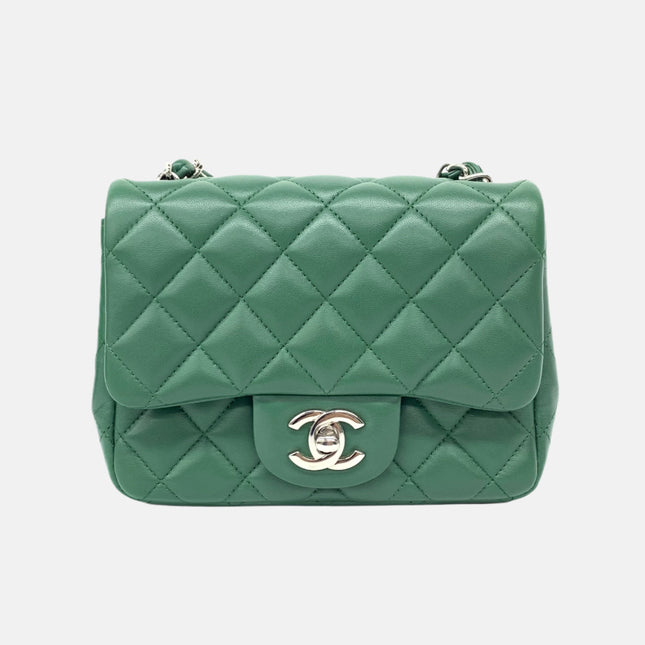 Chanel Classic Flap Mini Square Dark Green Lambskin Crossbody Bag Full Set, 2019-Luxbags