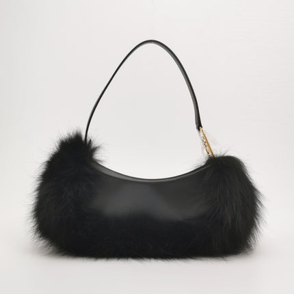 FENDI O Lock Black Leather and Faux Fur Shoulder Bag