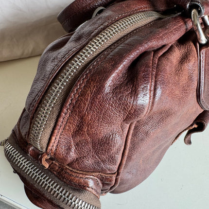 Prada Large Brown Washed Top Handle Bauletto Bag Calfksin Leather