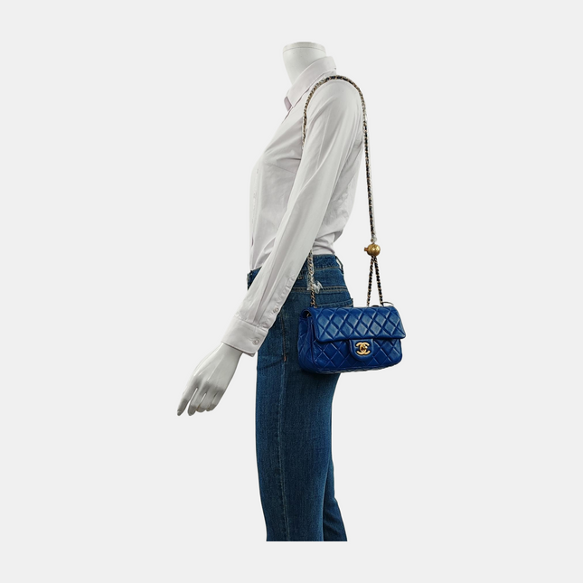 Chanel Classic Flap Rectangular Mini Blue Lambskin Pearl Crush Adjustable Gold Ball Chain