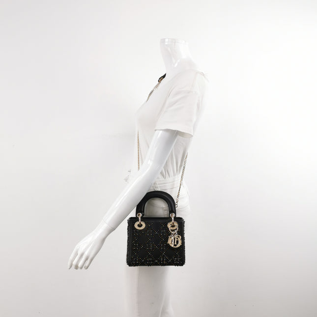 Lady Dior Mini Black Calfskin Leather with Multicolor Crystals Gold Hardware