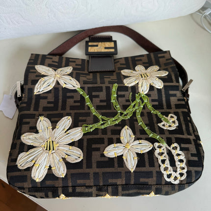 Fendi Baguette Zucca Monogram with Straw Floral Embroidery