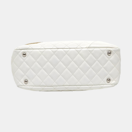 Chanel Cambon Medium Shoulder Bag White Calfskin Leather Snake-skin CC Logo Black Double Strap