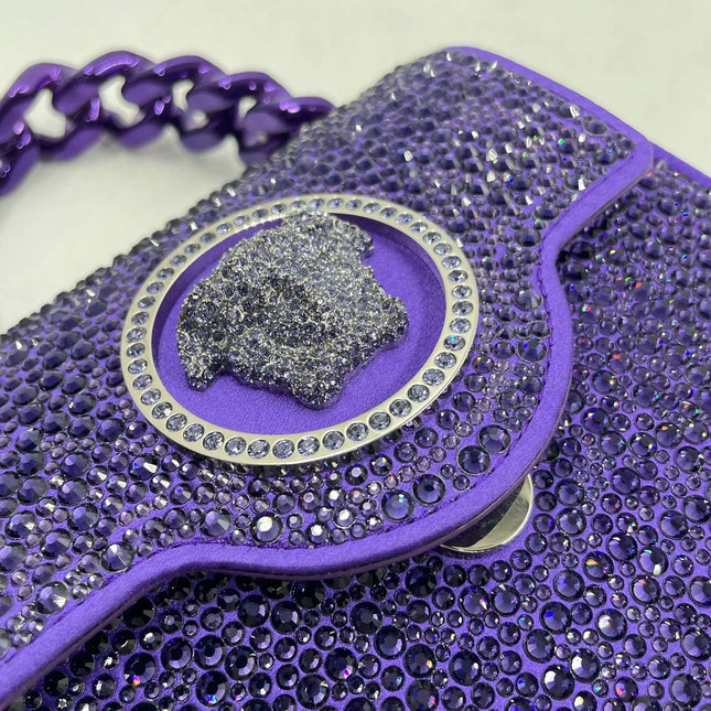 Versace La Medusa Mini Crystal Embellished Top Handle Bag in Purple