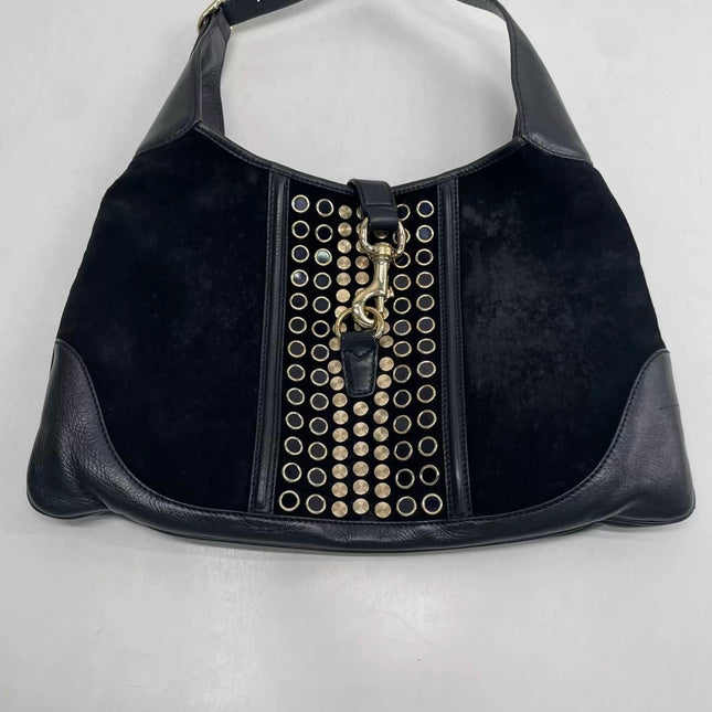 Gucci Jackie Vintage Large Black Suede Leather Ringlets Decoration