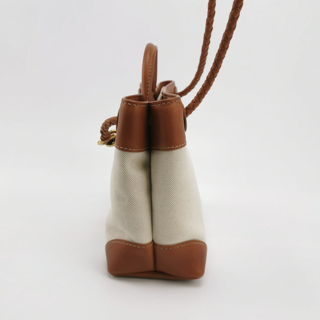 Bottega Veneta Small Andiamo Tan Brown Leather and Beige Canvas Handbag