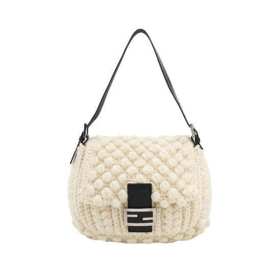 Fendi Mamma Baguette White Crochet Pompom Shoulder Bag-Luxbags