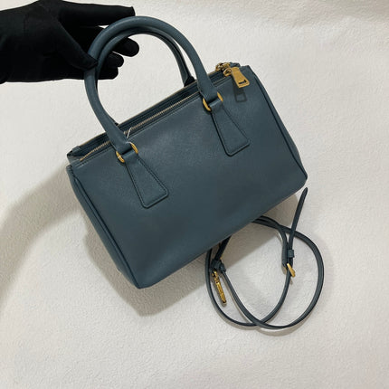 Prada Galleria Saffiano Leather Mini Grey Blue Handbag with Strap
