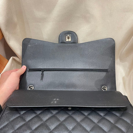 Chanel Classic Flap Maxi Black Caviar Leather Double Flap Sliver Hardware