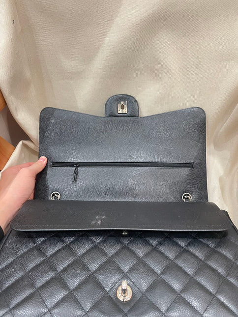 Chanel Classic Flap Maxi Black Caviar Leather Double Flap Sliver Hardware