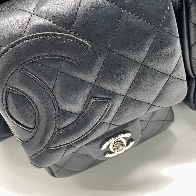 Chanel Cambon Multi-pocket Ligne Reporter Bag Medium Black CC on Black Calfskin Leather
