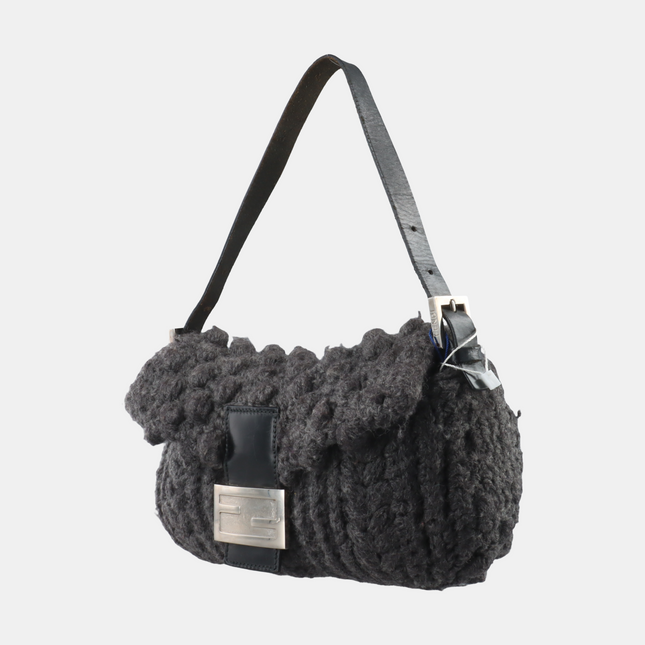 Fendi Baguette Bag Grey Crochet Knit Wool Pompom Shoulder Bag
