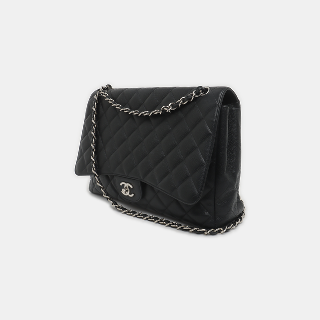 Chanel Classic Flap Maxi Black Caviar Leather Single Flap with Silver Hardware