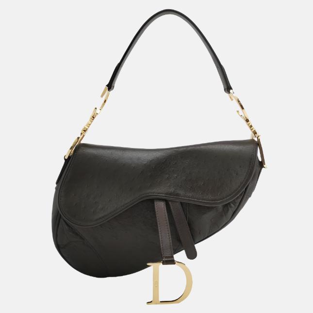 Dior Saddle Vintage Ostrich Leather Dark Brown Shoulder Bag-Luxbags