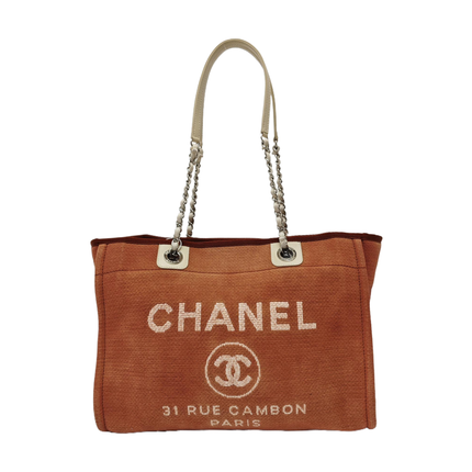 Chanel Deauville Tote Red Cloth Leather Chain Strap Small 34cm-Luxbags