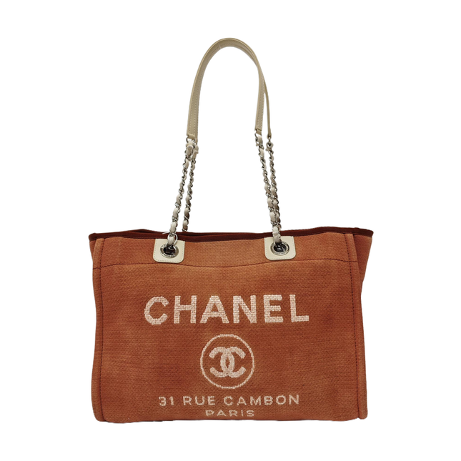 Chanel Deauville Tote Red Cloth Leather Chain Strap Small 34cm-Luxbags