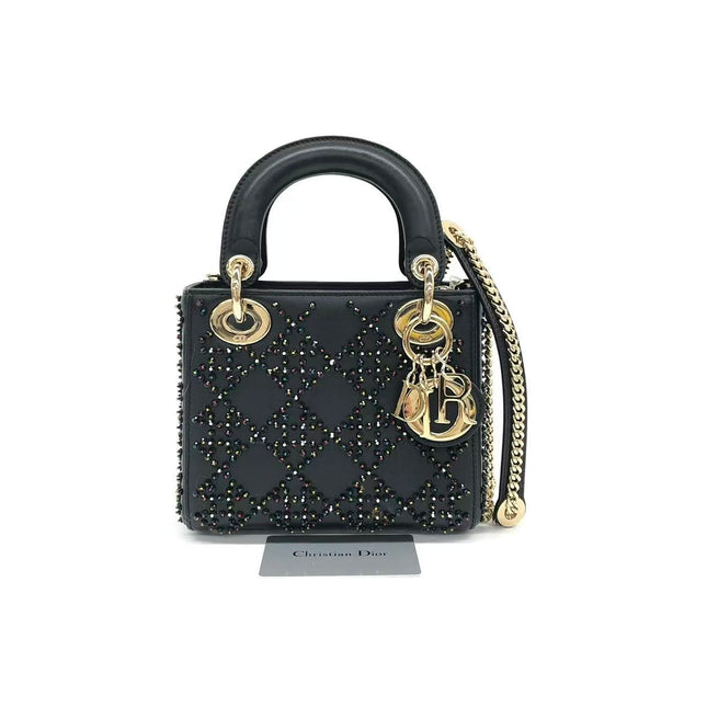 Lady Dior Mini Black Calfskin Leather with Multicolor Crystals Gold Hardware