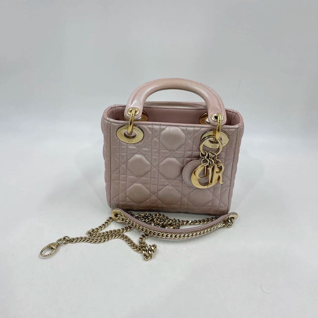 Lady Dior Mini Pearlescent Pink Lambskin Leather Gold HW Chain Strap