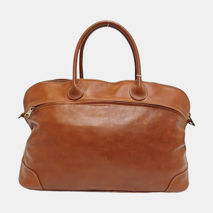 Longchamp Au Sultan Weekender Brown Leather Top Handle Travel Bag Canvas Strap