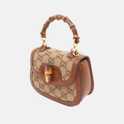 Gucci Bamboo 1947 Mini Brown Leather and Canvas with Glitter Crossbody Bag