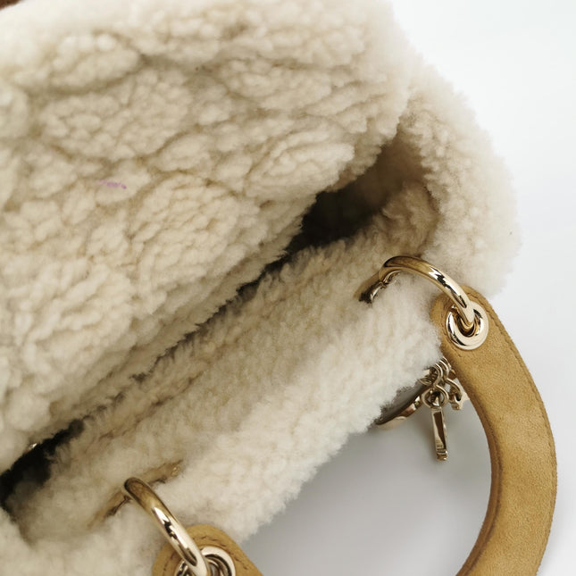 Lady Dior Mini Handbag Brown Leather Shearling Gold Hardware
