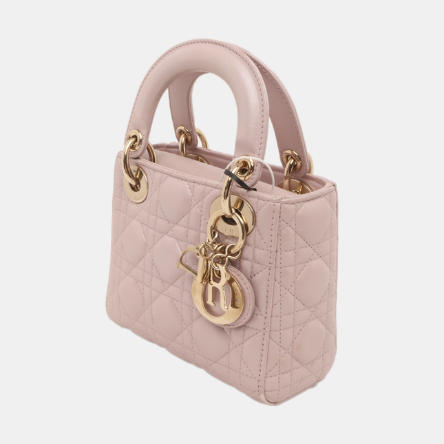 Lady Dior Mini Pearlescent Pink Lambskin Leather Gold HW Chain Strap