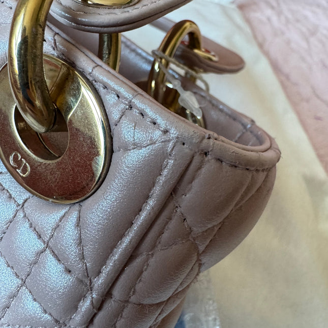 Lady Dior Mini Pearlescent Pink Lambskin Leather Gold HW Chain Strap