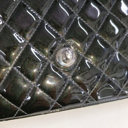 Chanel Baguette Flap Shoulder Bag Black Patent Leather Silver Double Chain