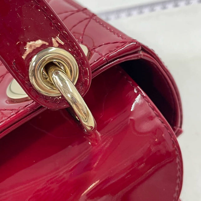 Lady Dior Mini Handbag Burgundy Red Patent Leather Gold-tone Chain Strap