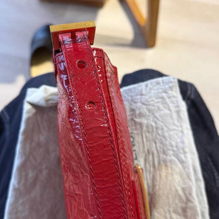 FENDI Baguette Red Crinkled Patent Leather Shoulder Bag