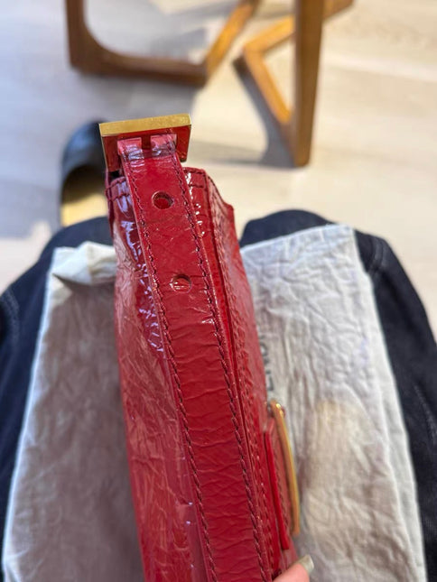 FENDI Baguette Red Crinkled Patent Leather Shoulder Bag