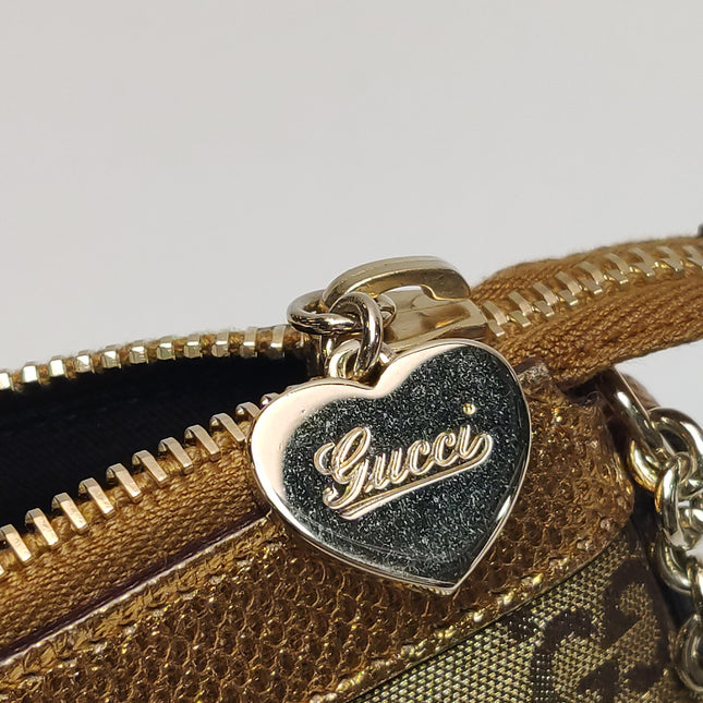 Gucci Clutch Pochette Gold Monogram Canvas and Leather Heart Chain