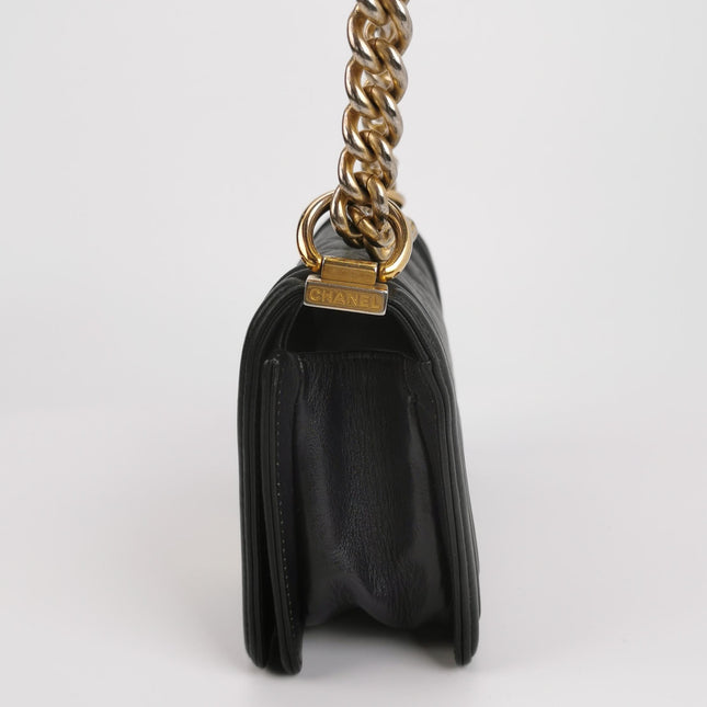 Chanel Le Boy Small Black Lambskin Leather Antiqued Gold Hardware
