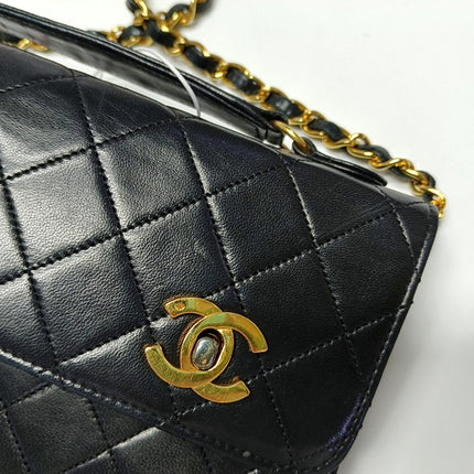 Chanel Vintage Double CC Turnlock Small Black Lambskin Leather 2Way Shoulder Bag