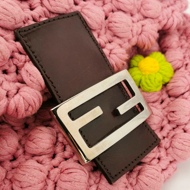 Fendi Baguette Bag Pink Crochet Knit Wool Pompom and Flowers Shoulder Bag