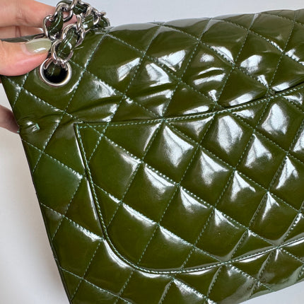 Chanel Classic Flap Jumbo Large Green Patent Leather Silver Hardware