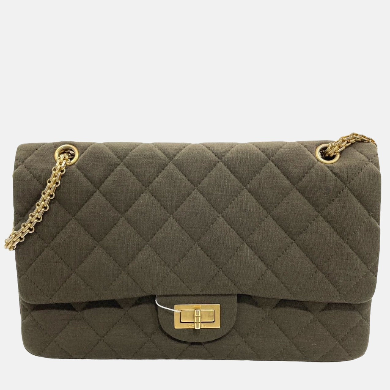 Chanel 2.55 Double Flap Bag 2009 Jumbo Khaki Green Cloth with Gold Hardware-Luxbags