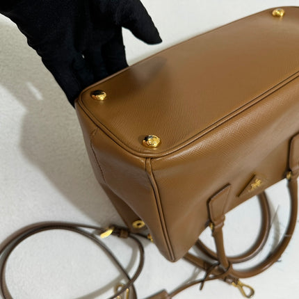 Prada Galleria Saffiano Leather Small Tan Brown Handbag with Strap 25cm
