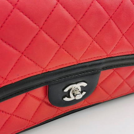 Chanel Baguette Flap Shoulder Bag Lambskin Red and Black Silver Double Chain