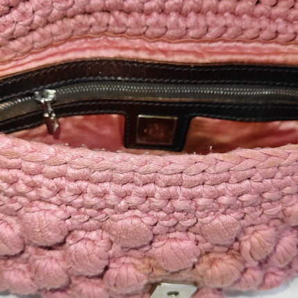 Fendi Baguette Bag Pink Crochet Knit Wool Pompom Shoulder Bag