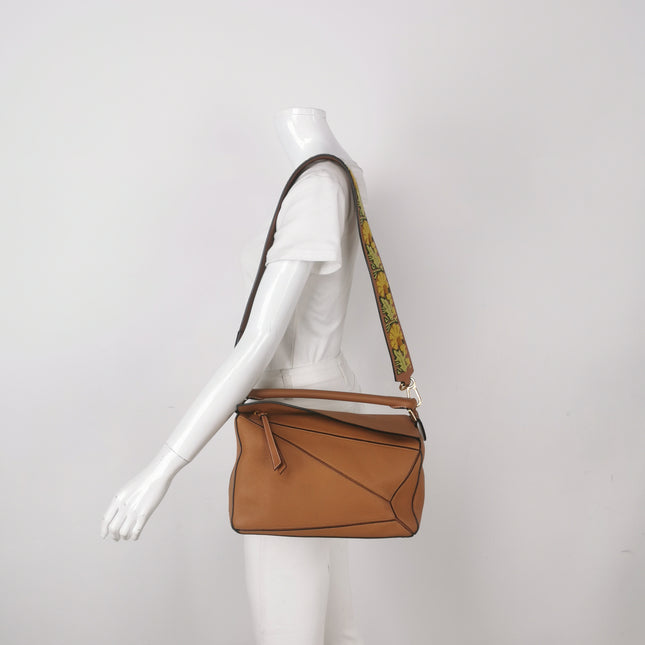 Loewe Puzzle Medium Brown Leather with Embroidered Multicolor Strap