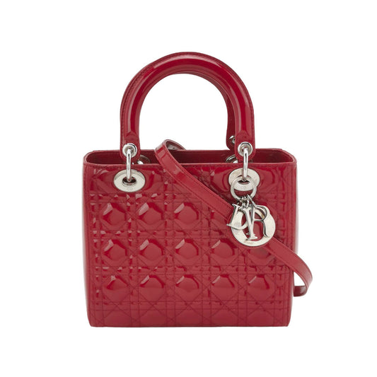 Lady Dior Medium Red Burgundy Patent Leather Handbag Silver Hardware-Luxbags