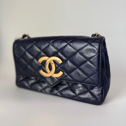 Chanel Vintage Classic Flap Mini Navy Lambskin Mega CC Logo 24k Gold HW, 1989-1991