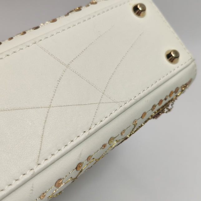 Lady Dior Mini 2018 Embroidered White Calfskin Leather Gold Beads Crossbody Bag