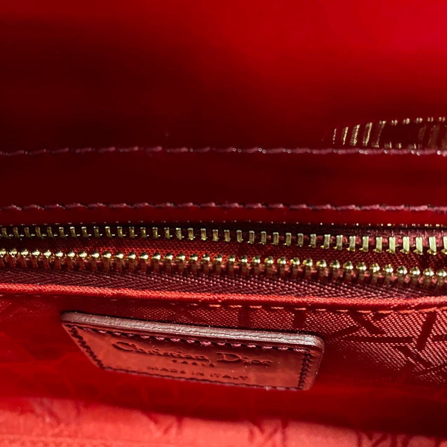 Lady Dior Mini Handbag Burgundy Red Patent Leather Gold-tone Chain Strap
