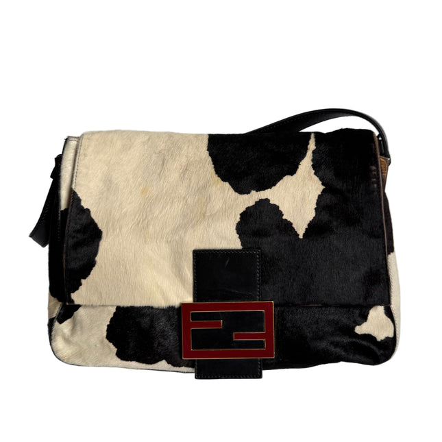 Fendi Mamma Baguette Large Pony hair in Cow Print Black and White-Luxbags