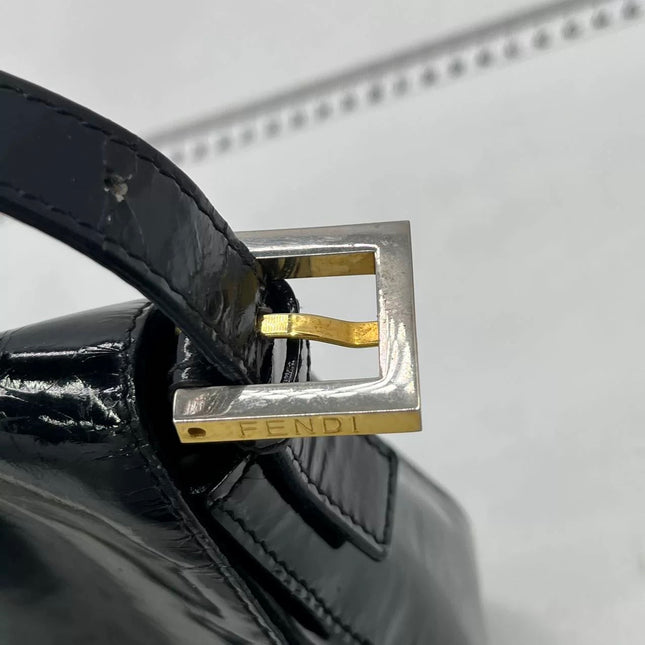 Fendi Baguette Black Patent Leather Gold Hardware Shoulder Bag